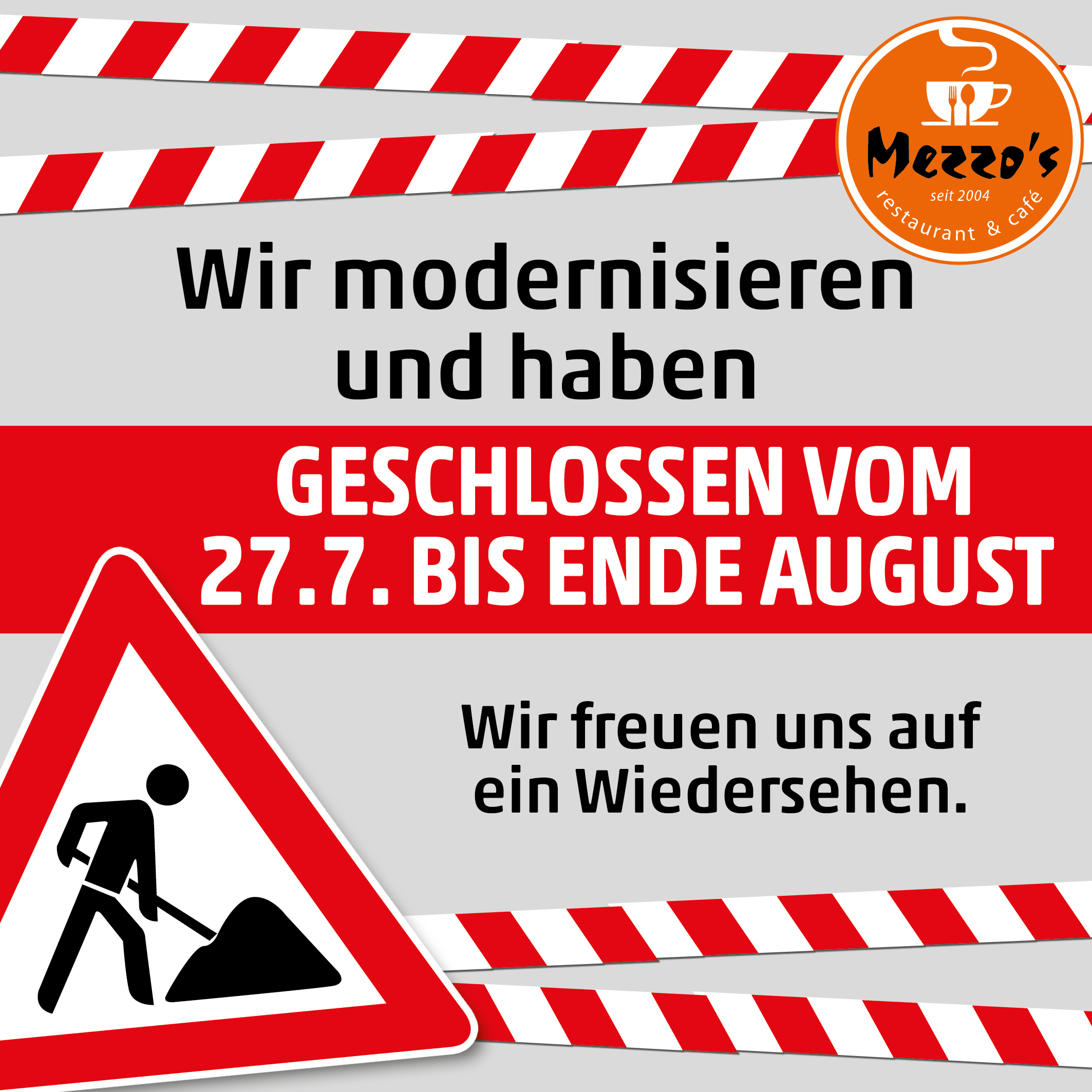 Popup Banner mit der Information, dass das Mezzos über den August geschlossen hat, wegen Renovierungsarbeiten